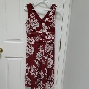 Ann Taylor Burgundy and Cream Floral V-Neck Midi Dress